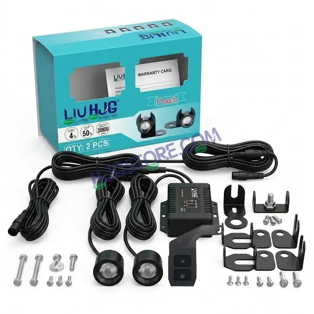 HJG 2 Pcs Motorcycle LED Strobe Light Kit with Remote Control, Wiring Harness, Relay Module & Switch - Multi-Color Flashing Auxiliary Projector Lights - Universal Fit for Bikes, Cars, SUVs, Cruisers & Custom Builds - Biker.Store - www.biker.store