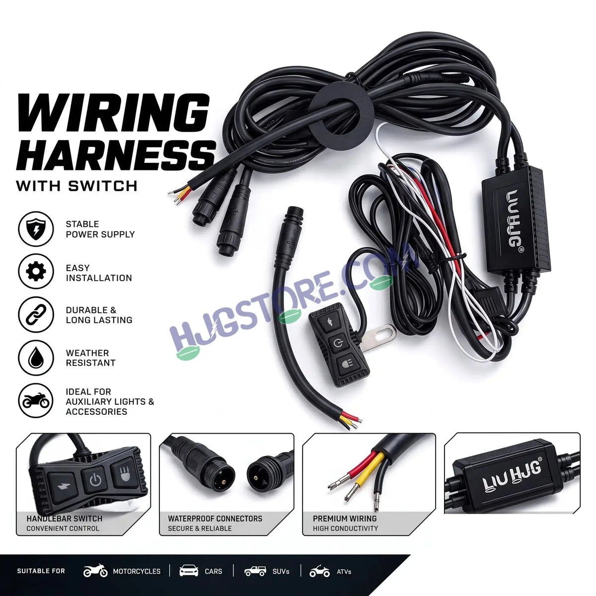 HJG Premium 3 Pin 120W Wiring Harness Kit with Backlight Switch & Flashing Mode | Waterproof Coupler-to-Coupler Fitting for Fog & Auxiliary Lights | Universal Fit for Motorcycles, Cars, SUVs & ATVs, Included Couplers for Coupler to Coupler Fitting - Biker.Store - www.biker.store