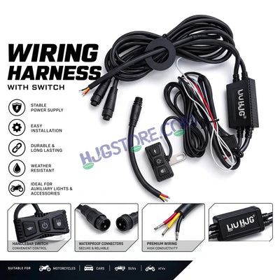HJG Premium 3 Pin 120W Wiring Harness Kit with Backlight Switch & Flashing Mode | Waterproof Coupler-to-Coupler Fitting for Fog & Auxiliary Lights | Universal Fit for Motorcycles, Cars, SUVs & ATVs, Included Couplers for Coupler to Coupler Fitting - Biker.Store - www.biker.store