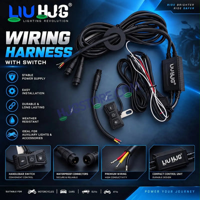 HJG Premium 3 Pin 120W Wiring Harness Kit with Backlight Switch & Flashing Mode | Waterproof Coupler-to-Coupler Fitting for Fog & Auxiliary Lights | Universal Fit for Motorcycles, Cars, SUVs & ATVs, Included Couplers for Coupler to Coupler Fitting - Biker.Store - www.biker.store