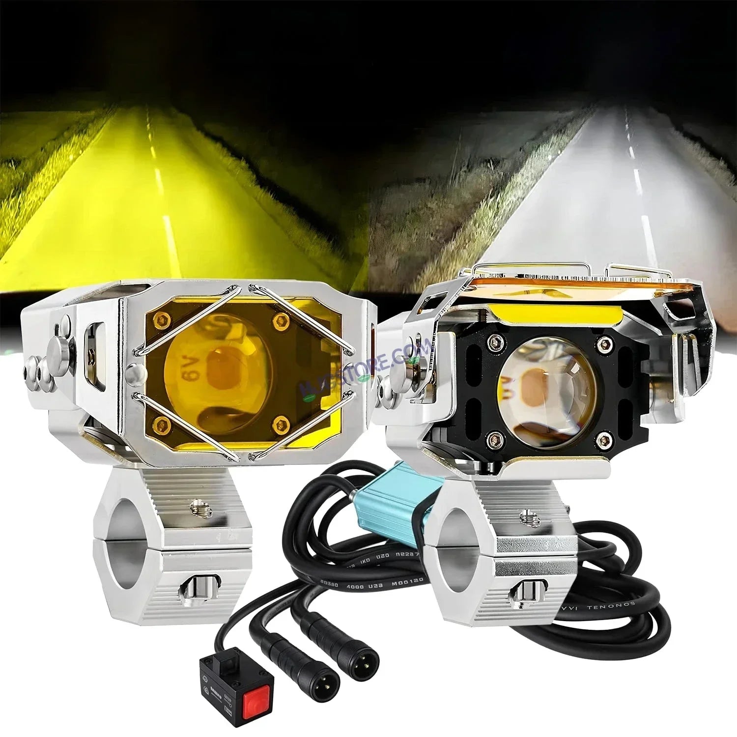 HJG Chrome Transformer Foglight 140W LED Projector with Wiring Kit Slider Yellow Cap Wide Spread White/Yellow 140W 2pc Foglight Ultra Wide Dual Intensity LED Driving Fog Lights 3000K/6500K Universal For All Cars & Bikes, Pack of 2 with Wiring Harness Kit - Biker.Store - www.biker.store