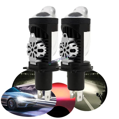 HJG RTD Lens H4 2pc for Car New Model RTD Lens Dual Projector Lens H4 LED Bulb 100W HJG Projector Light H4 LED Mini Projector Lens with Fan Bulb 12000LM Conversion Kit Hi/Lo Beam Headlight 12V/24V for Bike/Car/SUV, Set of 2, Red Devil DRL/White Hi/Lo 2pc - Biker.Store - www.biker.store