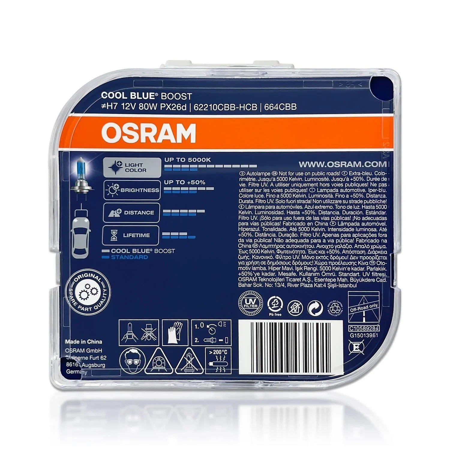 Osram H7 Cool Blue Boost Halogen Bulbs, 80W, Pair, 5000K - Biker.Store - www.biker.store