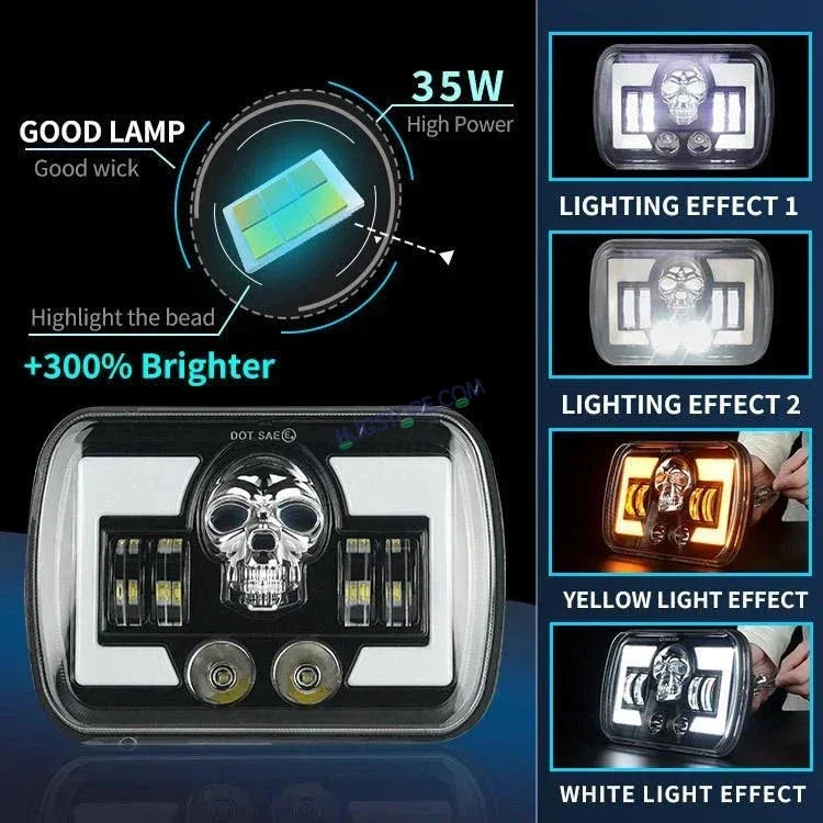 HJG Skull Lens Headlight Assembly Square 12v 45w 4x6" 5x7" Inch Led Headlights For Jeep, Splendor Headlight Assembly HJG 231198 - Biker.Store - www.biker.store