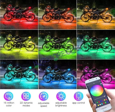 HJG 6Pcs Motorcycle Ambient Lighting Kit, Smart Mobile App Controlled RGB LED Underglow Strips (12V) | Waterproof & All Weather Proof | Flexible, Bendable & Can Be Cut Anywhere for Custom Fit | Multi-Color Accent Glow for All Bikes LIU HJG Ambient Light - Biker.Store - www.biker.store