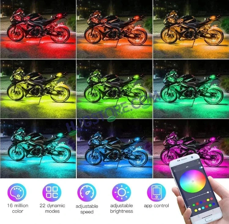 HJG 6Pcs Motorcycle Ambient Lighting Kit, Smart Mobile App Controlled RGB LED Underglow Strips (12V) | Waterproof & All Weather Proof | Flexible, Bendable & Can Be Cut Anywhere for Custom Fit | Multi-Color Accent Glow for All Bikes LIU HJG Ambient Light - Biker.Store - www.biker.store