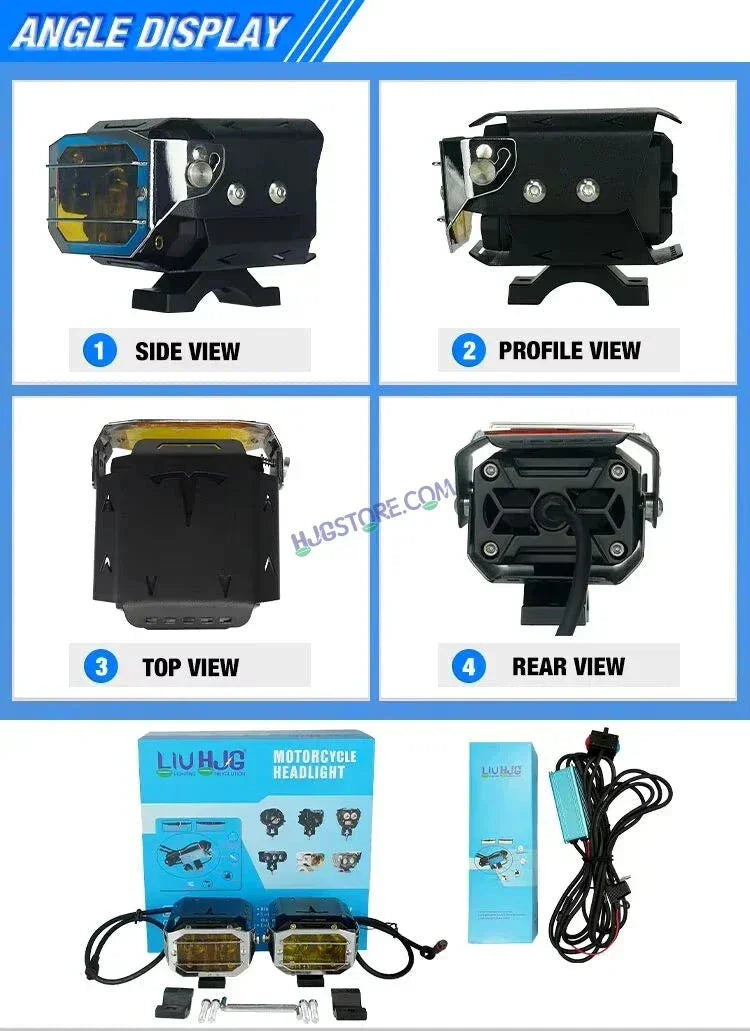 HJG Chrome Transformer Foglight 140W LED Projector with Wiring Kit Slider Yellow Cap Wide Spread White/Yellow 140W 2pc Foglight Ultra Wide Dual Intensity LED Driving Fog Lights 3000K/6500K Universal For All Cars & Bikes, Pack of 2 with Wiring Harness Kit - Biker.Store - www.biker.store