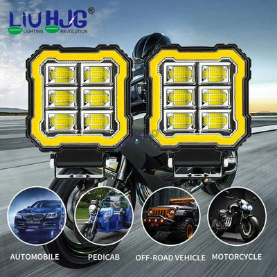 HJG 6 LED New Model Square Fog Light 60W LIU HJG Square Fog Light with Red DRL For Universal For Bike Universal For Car (Set of 2) 60W HJG Square Foglight with Red DRL, Flash Mode - Biker.Store - www.biker.store