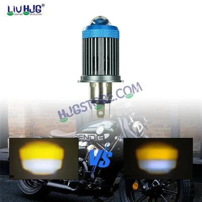 HJG H4 Lens LED Ice Blue Devil Lens New Model Ice Blue White Yellow LED Headlight Bulb H4 For All Motorcycles (Low and High Beam Bulbs (White/Yellow/Ice Blue) Ice Blue DRL White Yellow 50W Lens) - 12V DC Hi/Lo Type H4 - Biker.Store - www.biker.store