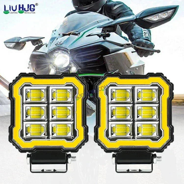 HJG 6 LED New Model Square Fog Light 60W LIU HJG Square Fog Light with Red DRL For Universal For Bike Universal For Car (Set of 2) 60W HJG Square Foglight with Red DRL, Flash Mode - Biker.Store - www.biker.store