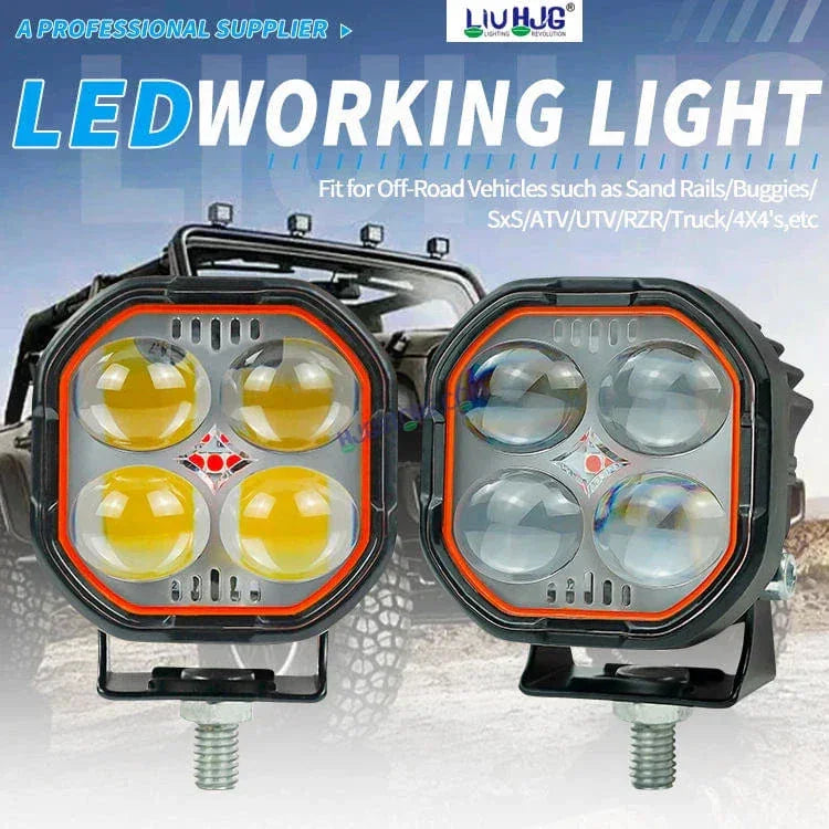 HJG New 4x4 Projector Lens 2pc Foglight 4 LED Projector Fog Quad 4x4 Lens 80W with Red DRL Foglight Ultra Wide Dual Intensity LED Fog Lights White/Yellow/Red DRL Projector (80W) Universal For All Cars & Bikes LIU HJG Projector 4x4 Lens Projector Fog Light - Biker.Store - www.biker.store