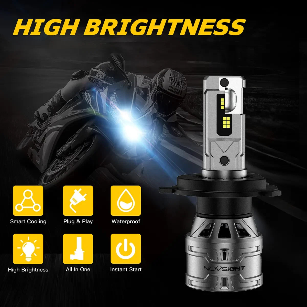NightEye NOVSIGHT H4/9003/HB2 LED Headlights Bulbs, 30W High Low Beam LED Headlights Conversion Kit, 6500K White, Plug and Play Easy Installation Halogen Replacement, Pack of 1 For Bike - Biker.Store - www.biker.store