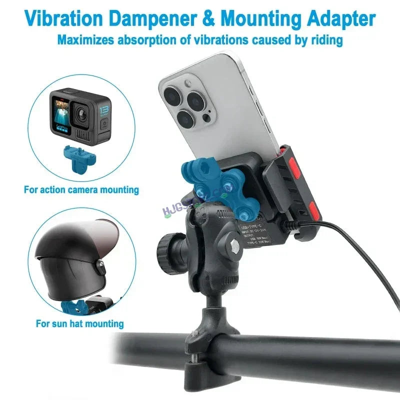 HJG Compact Pro 7579 Type-C Shockproof Mobile Holder with Jaw Grip Damper Anti Vibration with Type-C USB Charger for Bike, Two Wheelers Universal HJG Mobile Holder Pro 7579 Anti-Shake Anti-Theft Zero Vibration Shockproof Mobile Holder with Type-C Charger - Biker.Store - www.biker.store