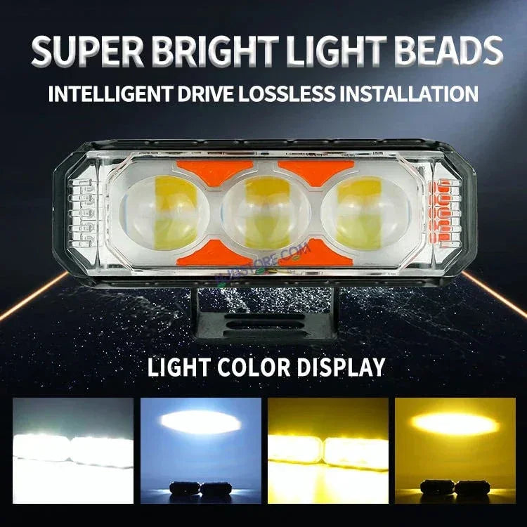 HJG 3 LED Light Bar with Red Blue Flash Strobe Fog Light for Bikes and Cars High Power, Heavy clamp and Strong aluminum. (3 LED Fog Light Bar Single) White/Yellow, Red Blue Strobe Flash, Pack of 1 - Biker.Store - www.biker.store