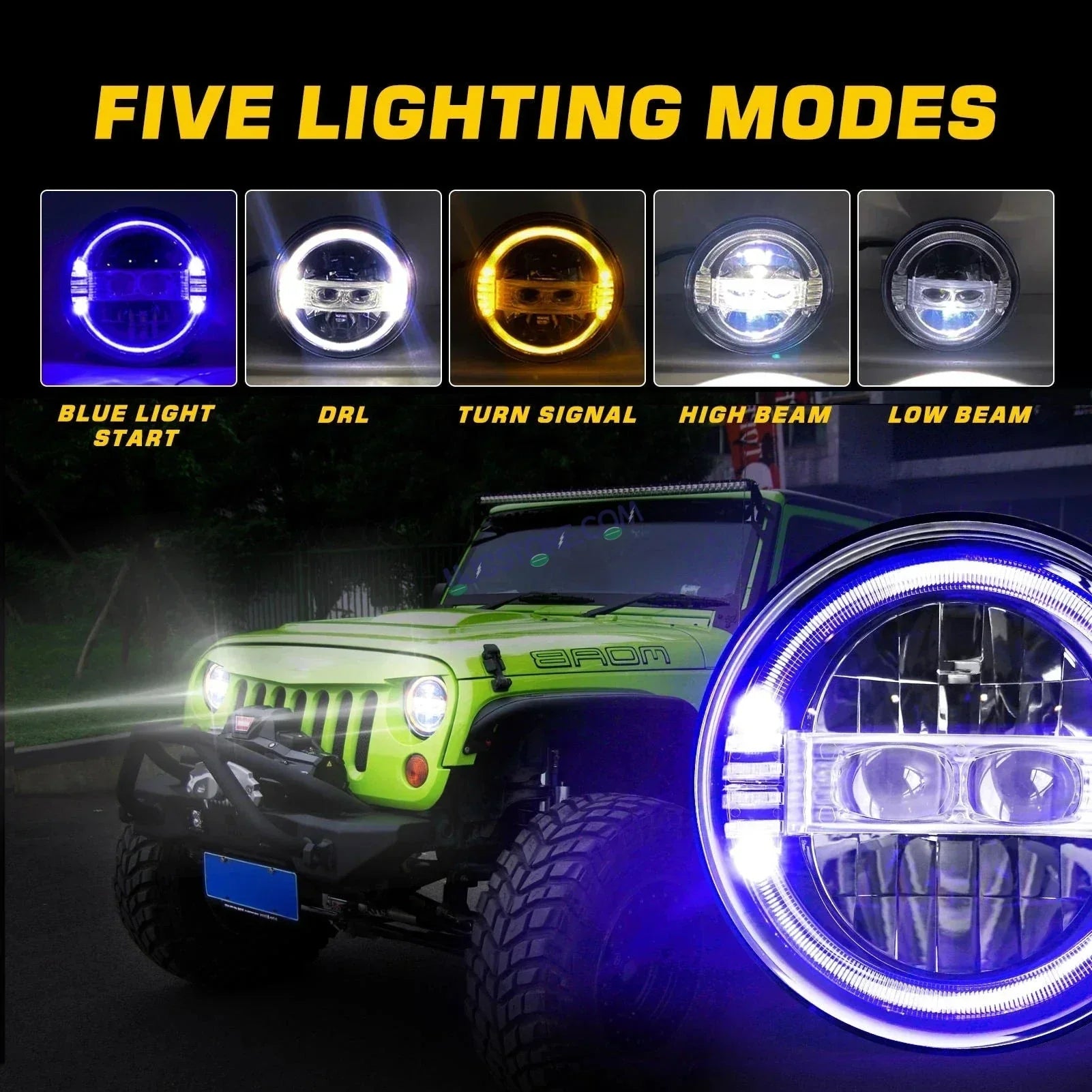 HJG New Harley Minus Projector 7 Inch Headlight Assembly with Animated Blue/White DRL White LED Headlight Minus Crystal Headlight Assembly for Thar Royal Enfield | 75-120W CREE/Osram LED Chip Multi color High/Low Beam, DRL For Royal Enfield, Jeep, Thar - Biker.Store - www.biker.store