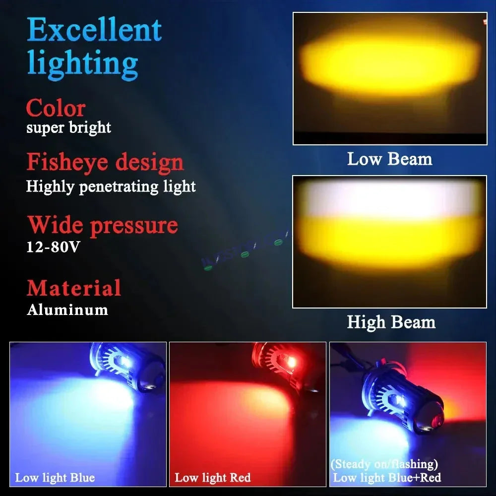HJG H4 Lens Red Devil Lens New Model Red White Yellow LED Headlight Bulb H4 For All Motorcycles (Low and High Beam Bulbs (White/Yellow/Red) Red DRL White Yellow 50W Lens) - Type H4 - Biker.Store - www.biker.store