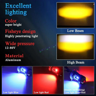 HJG H4 Lens Red Devil Lens New Model Red White Yellow LED Headlight Bulb H4 For All Motorcycles (Low and High Beam Bulbs (White/Yellow/Red) Red DRL White Yellow 50W Lens) - Type H4 - Biker.Store - www.biker.store