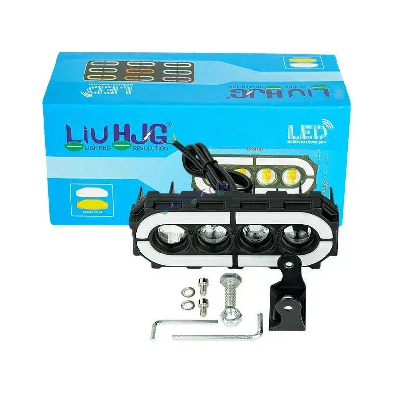 HJG 4 Lens with RGB Ring DRL 4 Projector Lens 2pc Foglight with RGB Ring 4 LED Projector Fog 120W with RGB DRL Foglight Ultra Wide Dual Intensity LED Fog Lights White/Yellow/RGB DRL Projector (120W) Universal For All Cars & Bikes LIU HJG 4 Lens RGB Ring - Biker.Store - www.biker.store