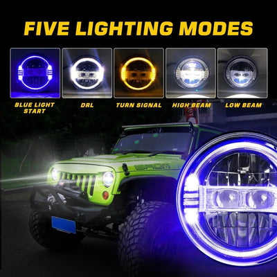 HJG New Harley Minus Projector 7 Inch Headlight Assembly with Animated Blue/White DRL White LED Headlight Minus Crystal Headlight Assembly for Thar Royal Enfield | 75-120W CREE/Osram LED Chip Multi color High/Low Beam, DRL For Royal Enfield, Jeep, Thar - Biker.Store - www.biker.store
