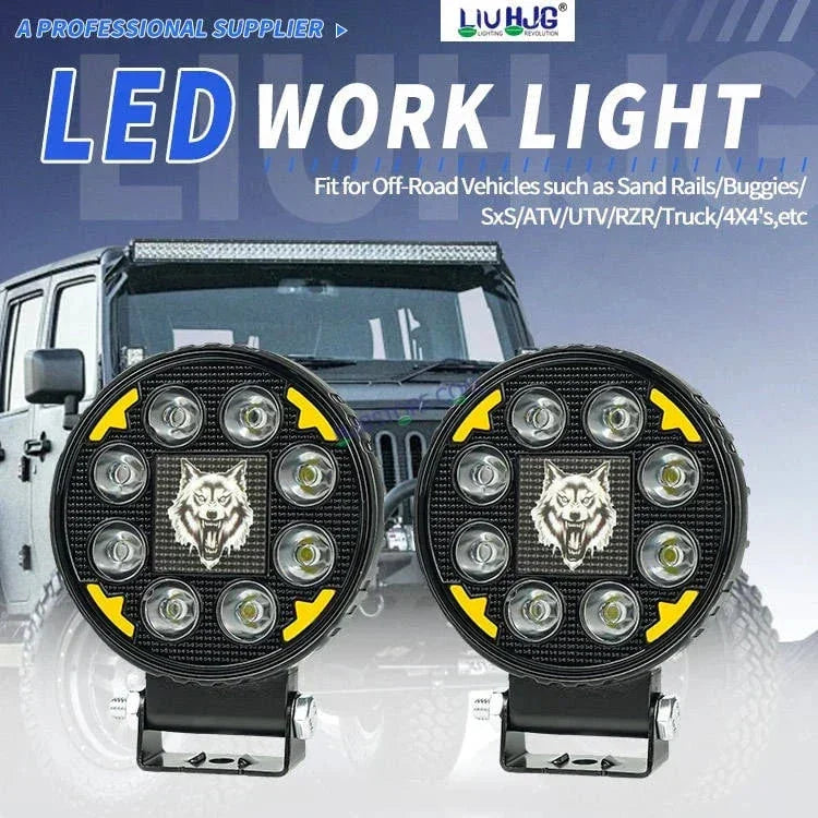 HJG 8 LED New Model Wolf Fog Light 60W LIU HJG Round Fog Light with DRL For Universal For Bike Universal For Car (Set of 2) 60W HJG Wolf Round Foglight with Red DRL, Flash Mode - Biker.Store - www.biker.store