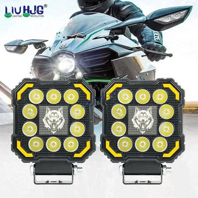 HJG 11 LED New Model Wolf Fog Light 60W LIU HJG Square Fog Light with DRL For Universal For Bike Universal For Car (Set of 2) 60W HJG Wolf Foglight with Red DRL, Flash Mode - Biker.Store - www.biker.store