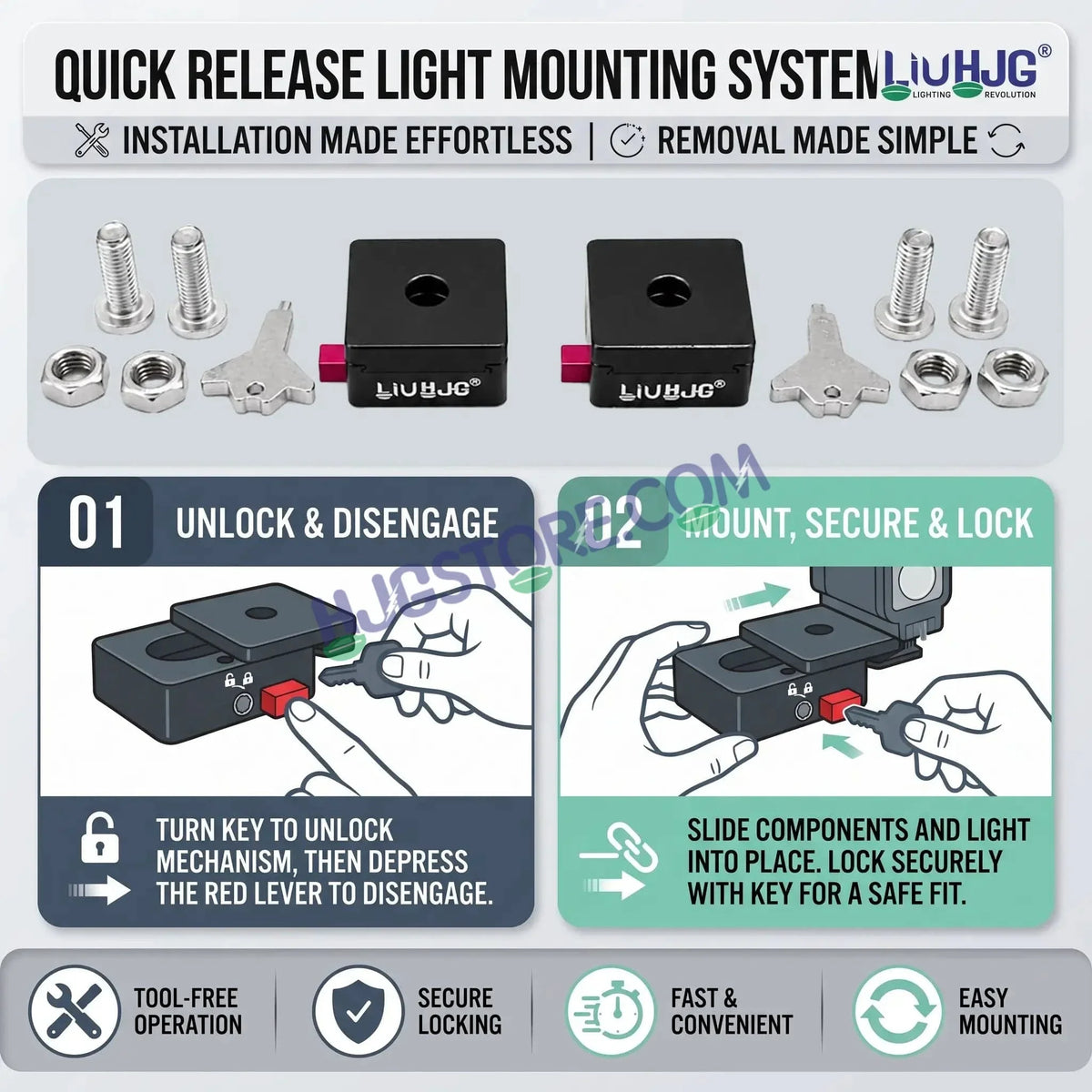 HJG Quick-Release Detachable Fog Light Clamp Set with Anti-Theft Lock Key | CNC Aluminum | HJG Removable Foglight Clamp | Universal Heavy-Duty Mounting Bracket for Auxiliary LED Lights - HJGstore.com