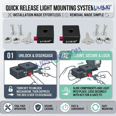 HJG Quick-Release Detachable Fog Light Clamp Set with Anti-Theft Lock Key | CNC Aluminum | HJG Removable Foglight Clamp | Universal Heavy-Duty Mounting Bracket for Auxiliary LED Lights - HJGstore.com