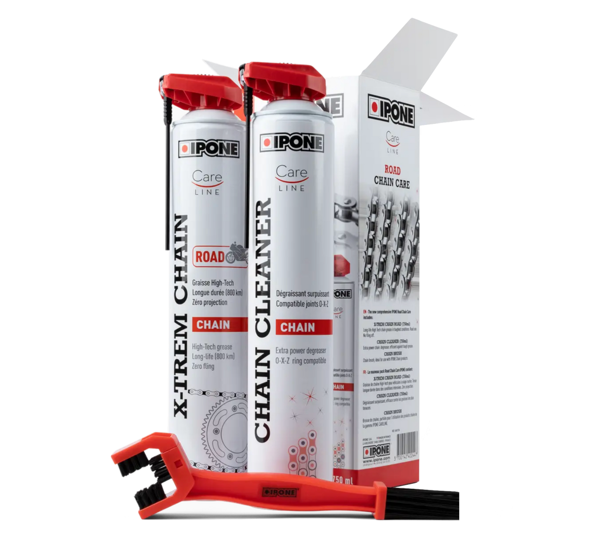 IPONE Road Chain Care Kit (1 Road Chain Grease 750ml + 1 Chain Cleaner 750ml + 1 Chain Brush)