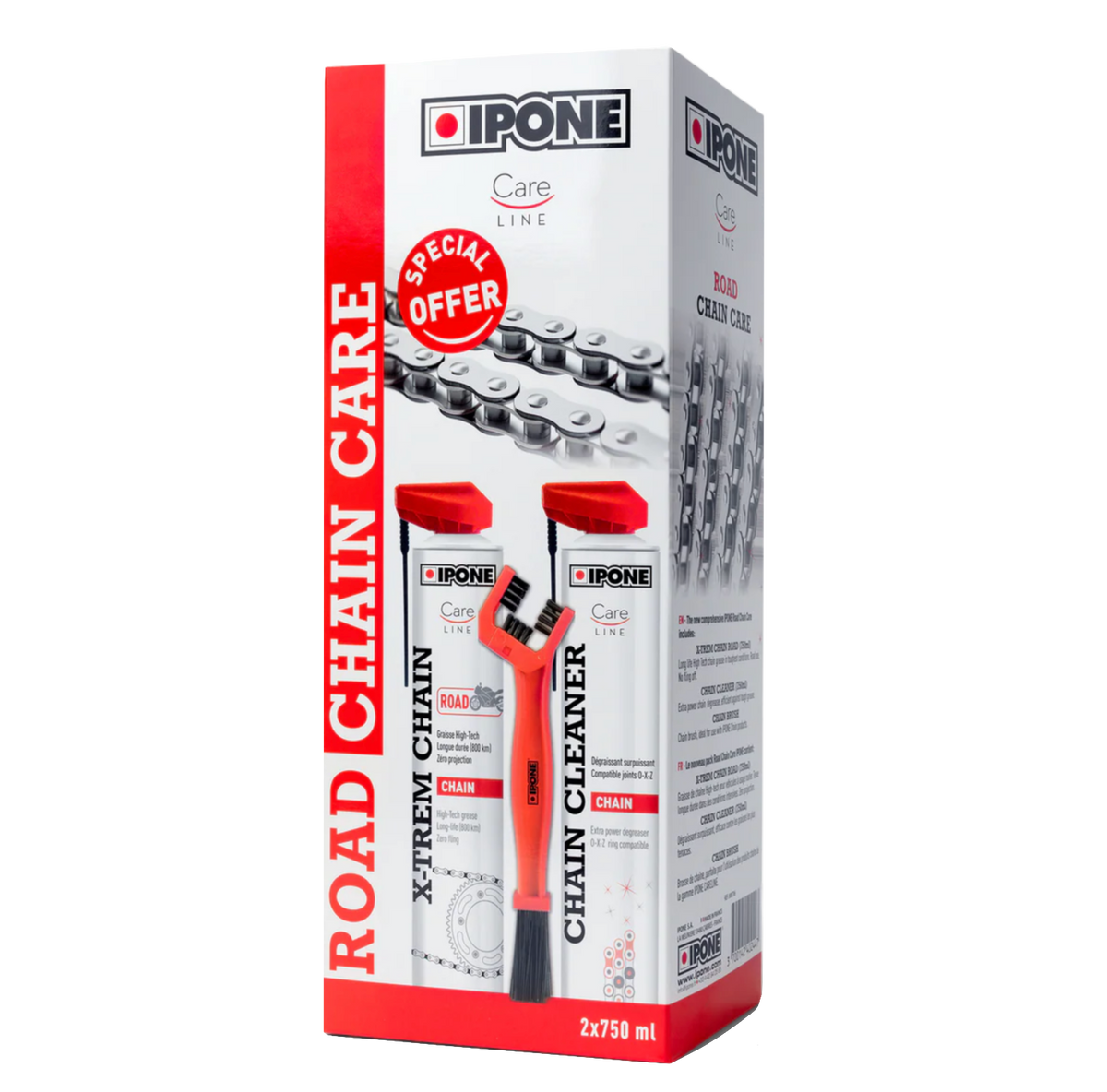 IPONE Road Chain Care Kit (1 Road Chain Grease 750ml + 1 Chain Cleaner 750ml + 1 Chain Brush)