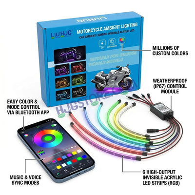 HJG 6Pcs Motorcycle Ambient Lighting Kit, Smart Mobile App Controlled RGB LED Underglow Strips (12V) | Waterproof & All Weather Proof | Flexible, Bendable & Can Be Cut Anywhere for Custom Fit | Multi-Color Accent Glow for All Bikes LIU HJG Ambient Light - Biker.Store - www.biker.store