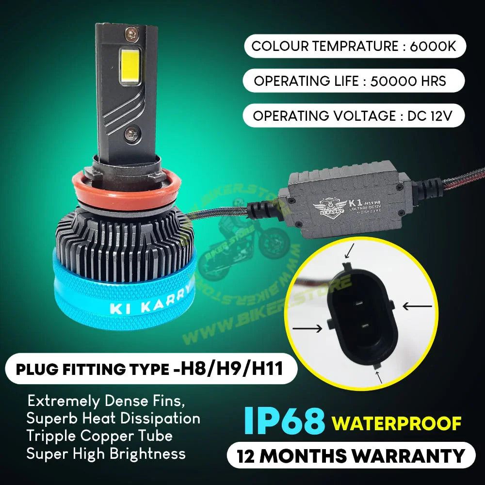 Ki Karry 300 WATTS LED Car Headlight Bulb, White Light, (Pack of 2 with 12 months Warranty) (H8/H9/H11/H16 Fitting) - Biker.Store - www.biker.store