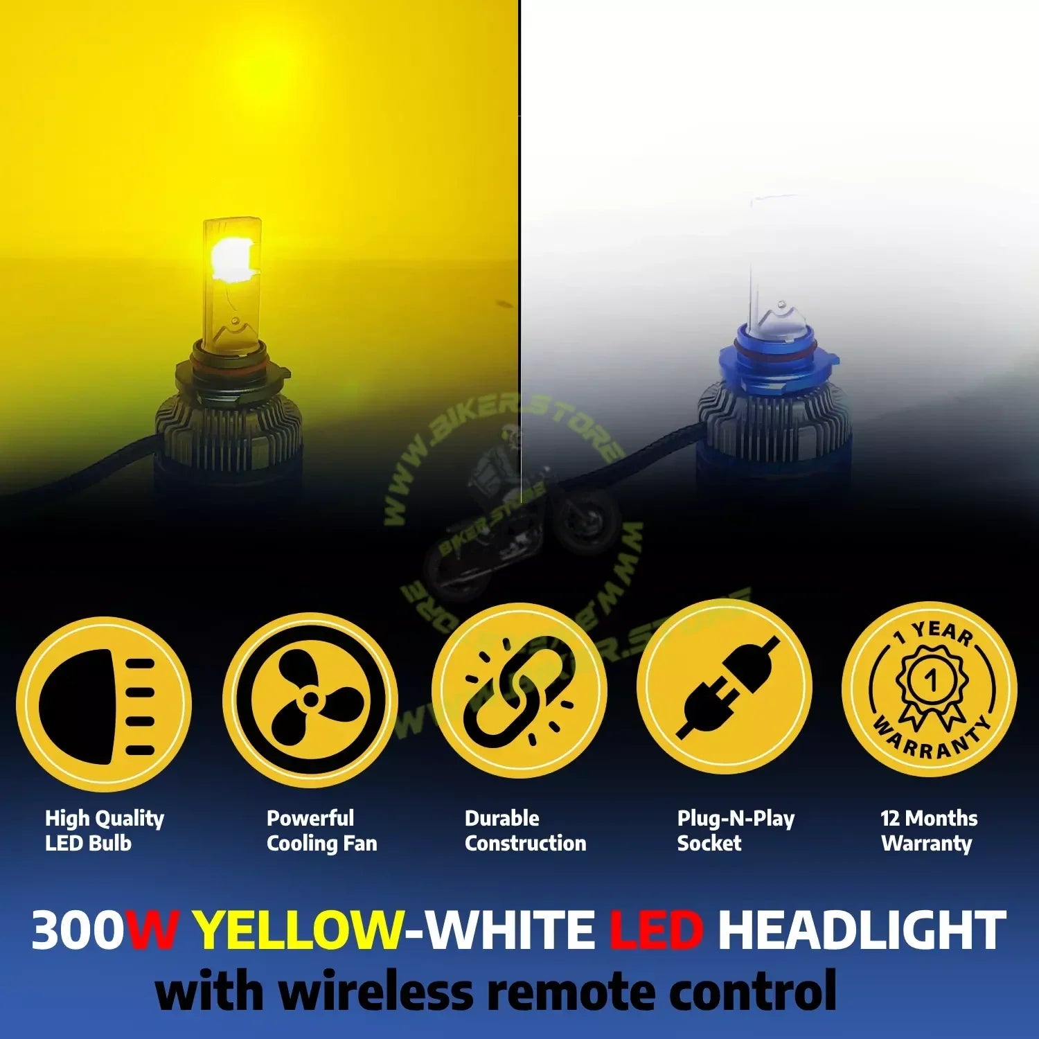 Ki Karry 300W YELLOW/WHITE CAR LED HEADLIGHT BULB WITH REMOTE CONTROL - Biker.Store - www.biker.store