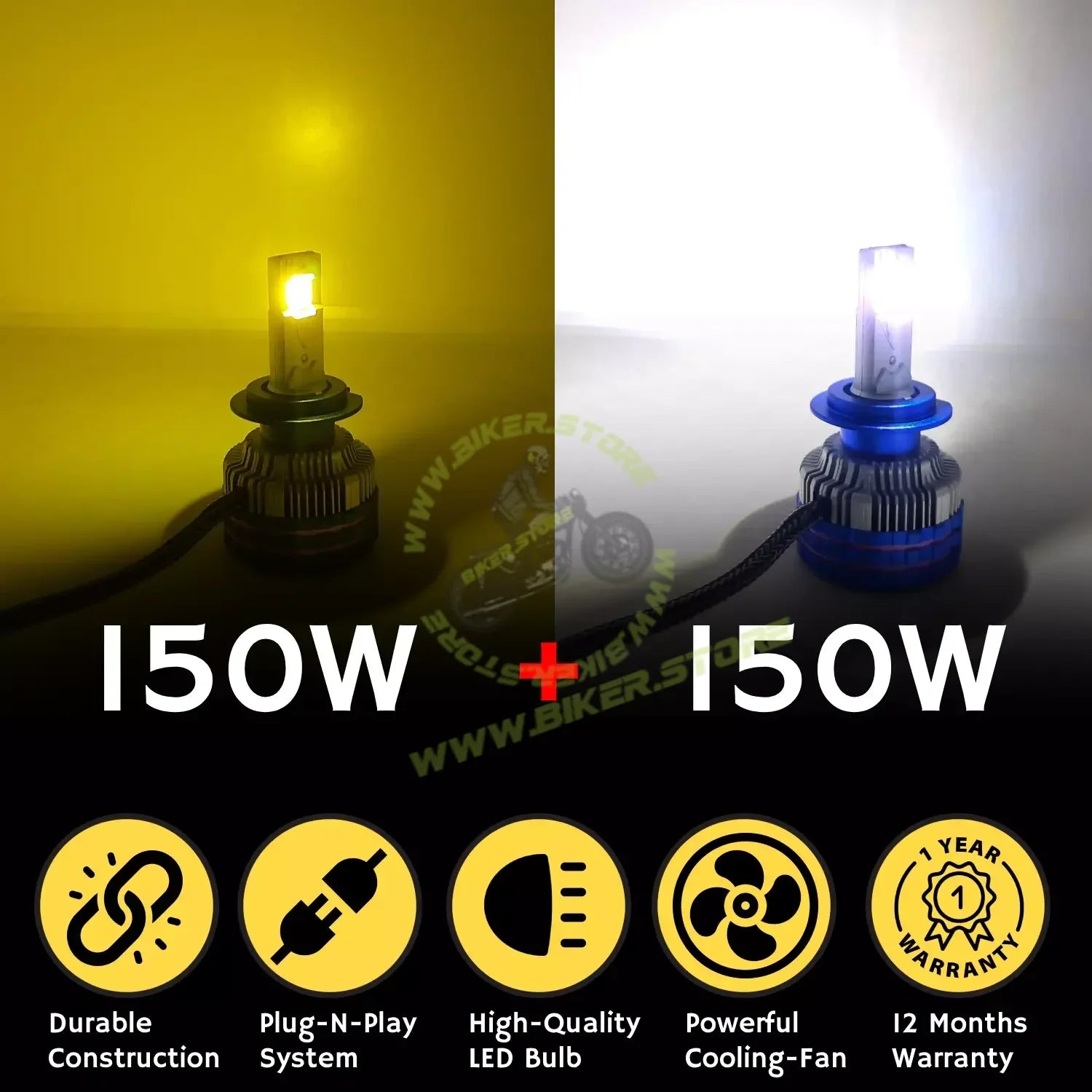 Ki Karry 300W YELLOW/WHITE CAR LED HEADLIGHT BULB WITH REMOTE CONTROL - Biker.Store - www.biker.store