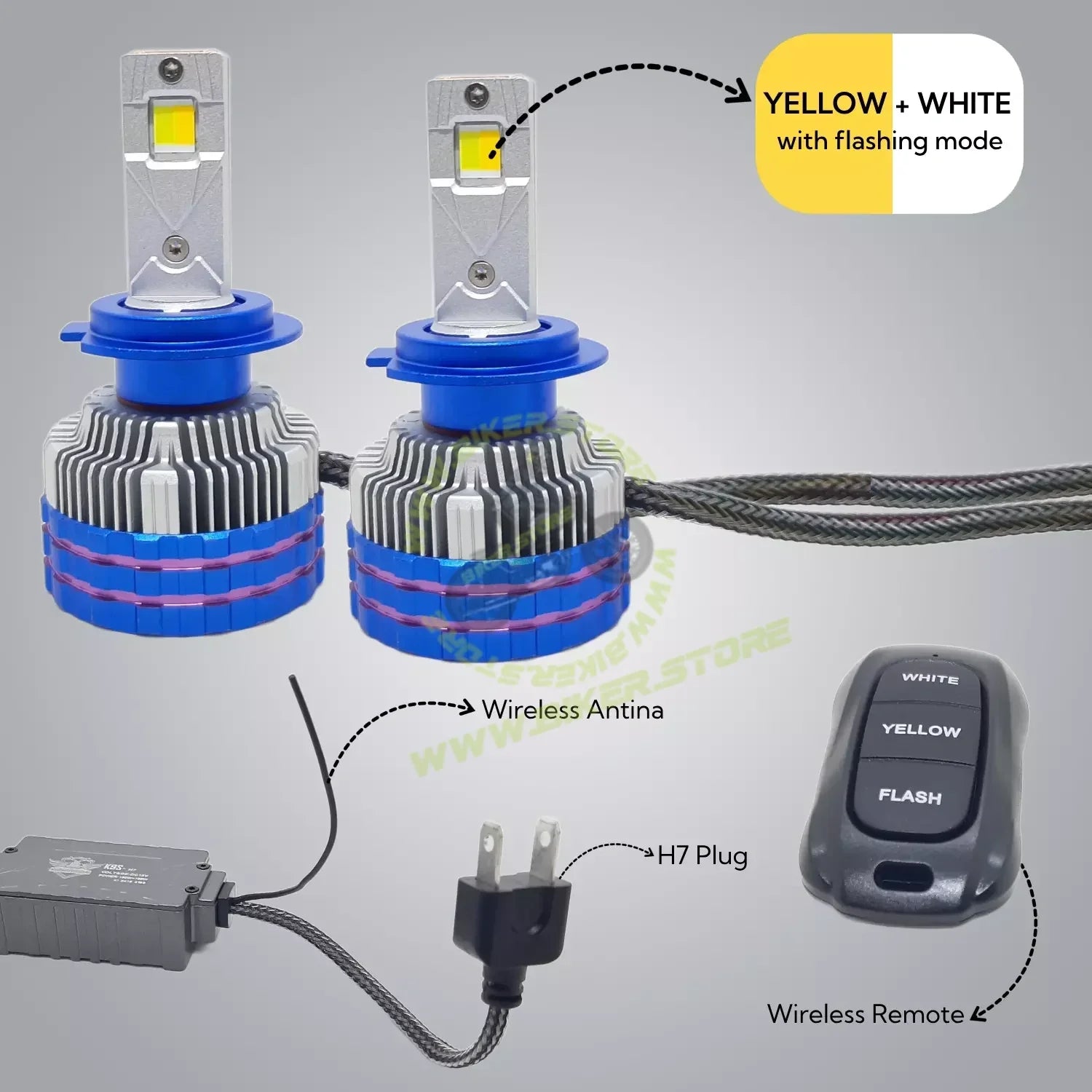 Ki Karry 300W YELLOW/WHITE CAR LED HEADLIGHT BULB WITH REMOTE CONTROL - Biker.Store - www.biker.store