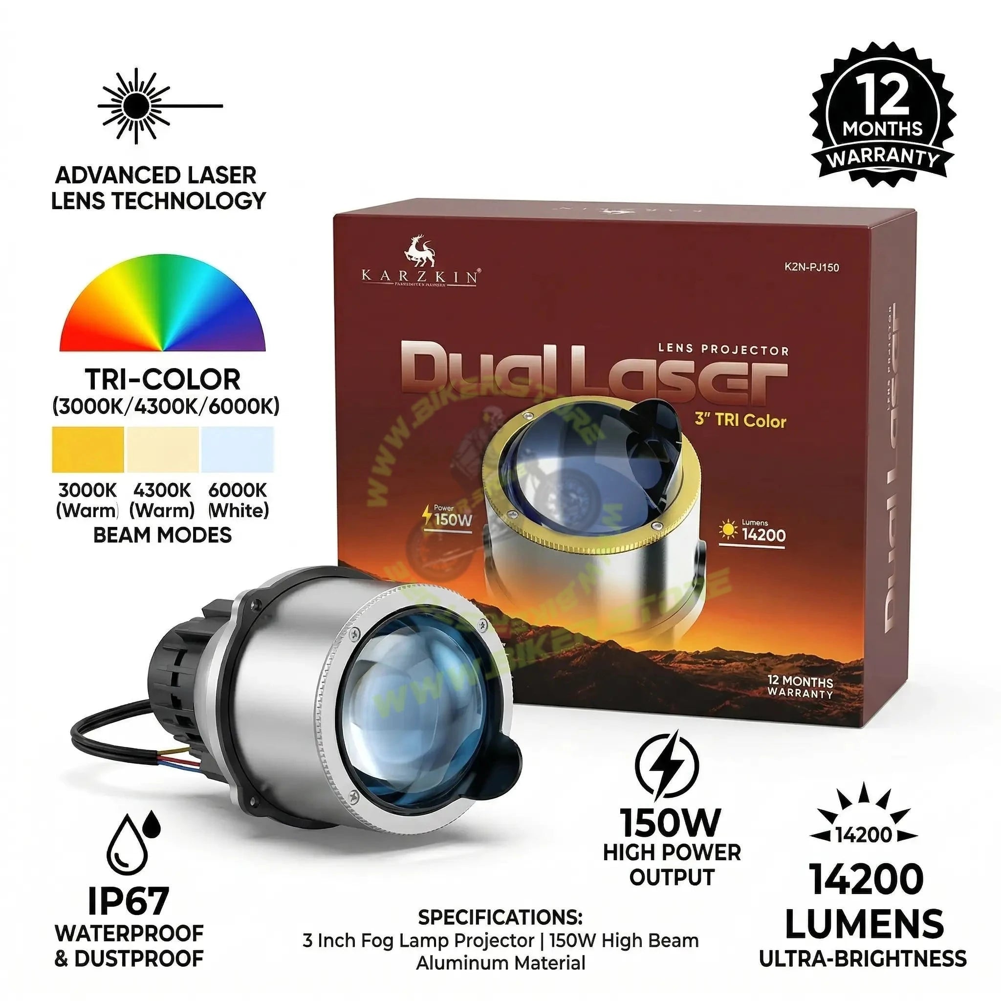 KARZKIN 3" Dual Laser Bi-LED Fog Lamp Projector Lens - Tri-Color Switchable (3000K/4300K/6000K) - 150W 14200 Lumens Super Bright Car Fog Lights - IP67 Waterproof Universal Auto Retrofit Upgrade - Biker.Store - www.biker.store