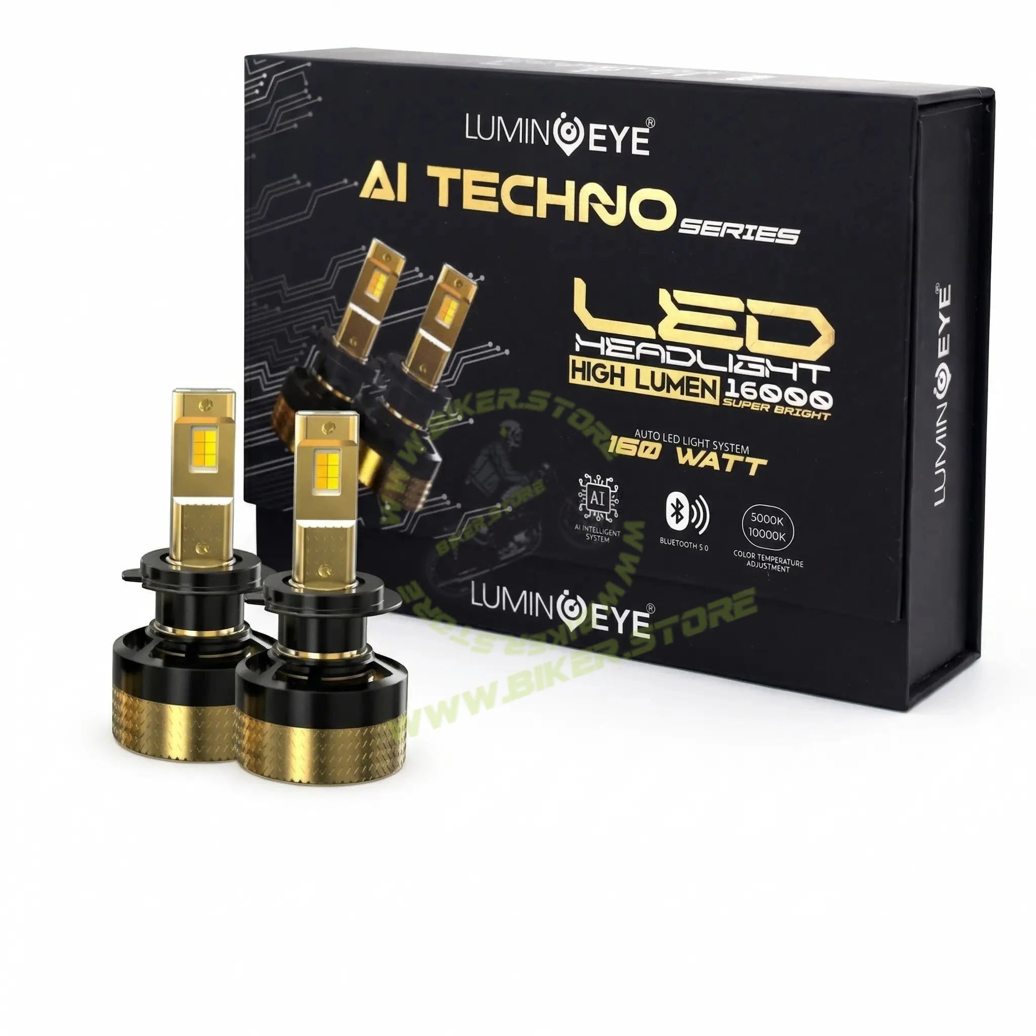 LuminEye AI Techno Series 160 Watt LED Bulbs with Mobile App Control Adjustable Color 3000K, 4500K, 6500K in 1 LED Bulbs H1, H3, H4/H19, H7/H18, H8/H9/H11/H16, 9005, 9006, 9012, H27/880 - Biker.Store - www.biker.store