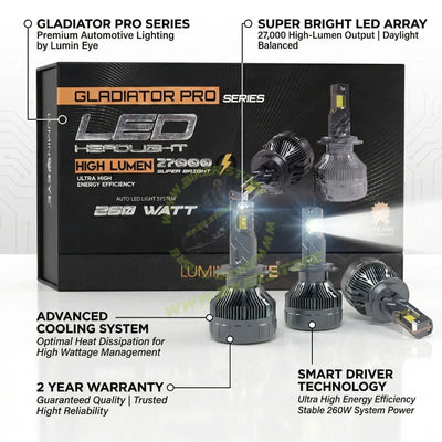 LuminEye Gladiator Series 260 Watt LED Bulbs White Color 6000K LED Bulbs H1, H3, H4/H19, H7/H18, H8/H9/H11/H16, 9005, 9006, 9012, H27/880 - Biker.Store - www.biker.store