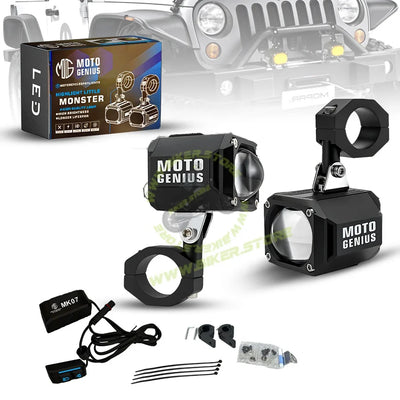 MOTO GENIUS MK07 WITH HARNESS 80W piece High-Performance LED Auxiliary Fog Light | Single Lens | Yellow Low Beam & White High Beam | With Wiring Harness & Switch(Pack of 2) - Biker.Store - www.biker.store