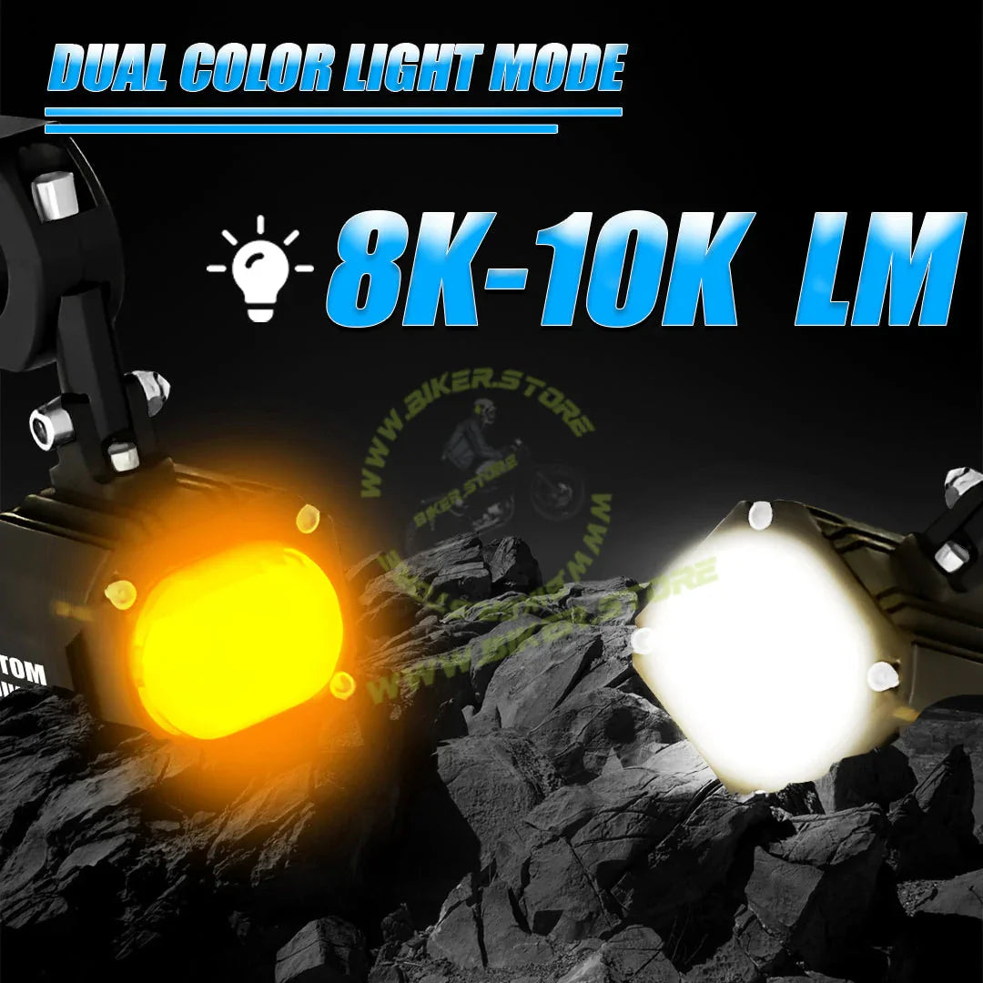 MOTO GENIUS MK07 WITH HARNESS 80W piece High-Performance LED Auxiliary Fog Light | Single Lens | Yellow Low Beam & White High Beam | With Wiring Harness & Switch(Pack of 2) - Biker.Store - www.biker.store