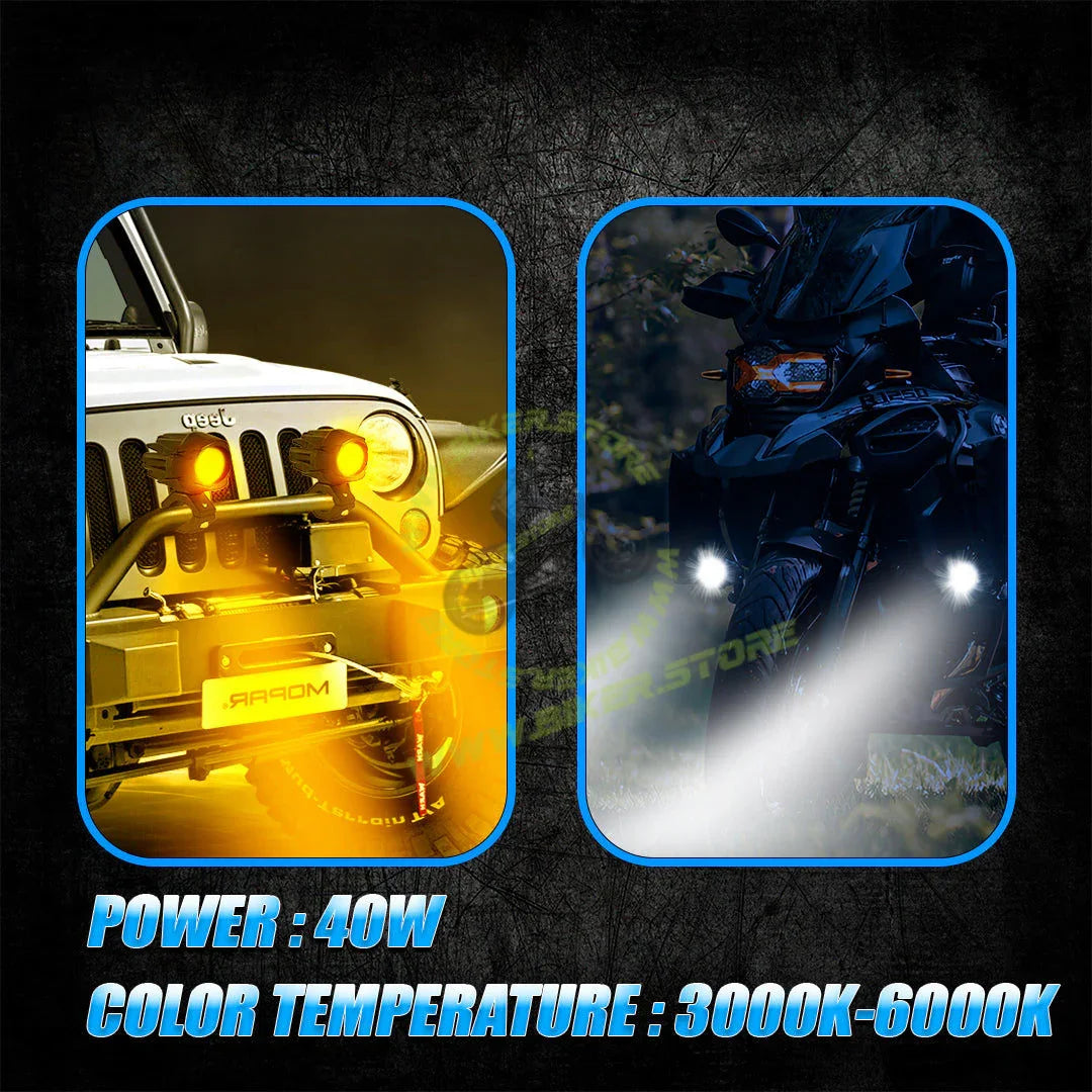 MOTO GENIUS MK160 WITH HARNESS Dual-Color LED Auxiliary Fog Light 40W piece | Driving & Auxiliary Lights | Universal Fit for Motorcycles, Cars, SUVs, ATVs & UTVs | 2PCS - Biker.Store - www.biker.store