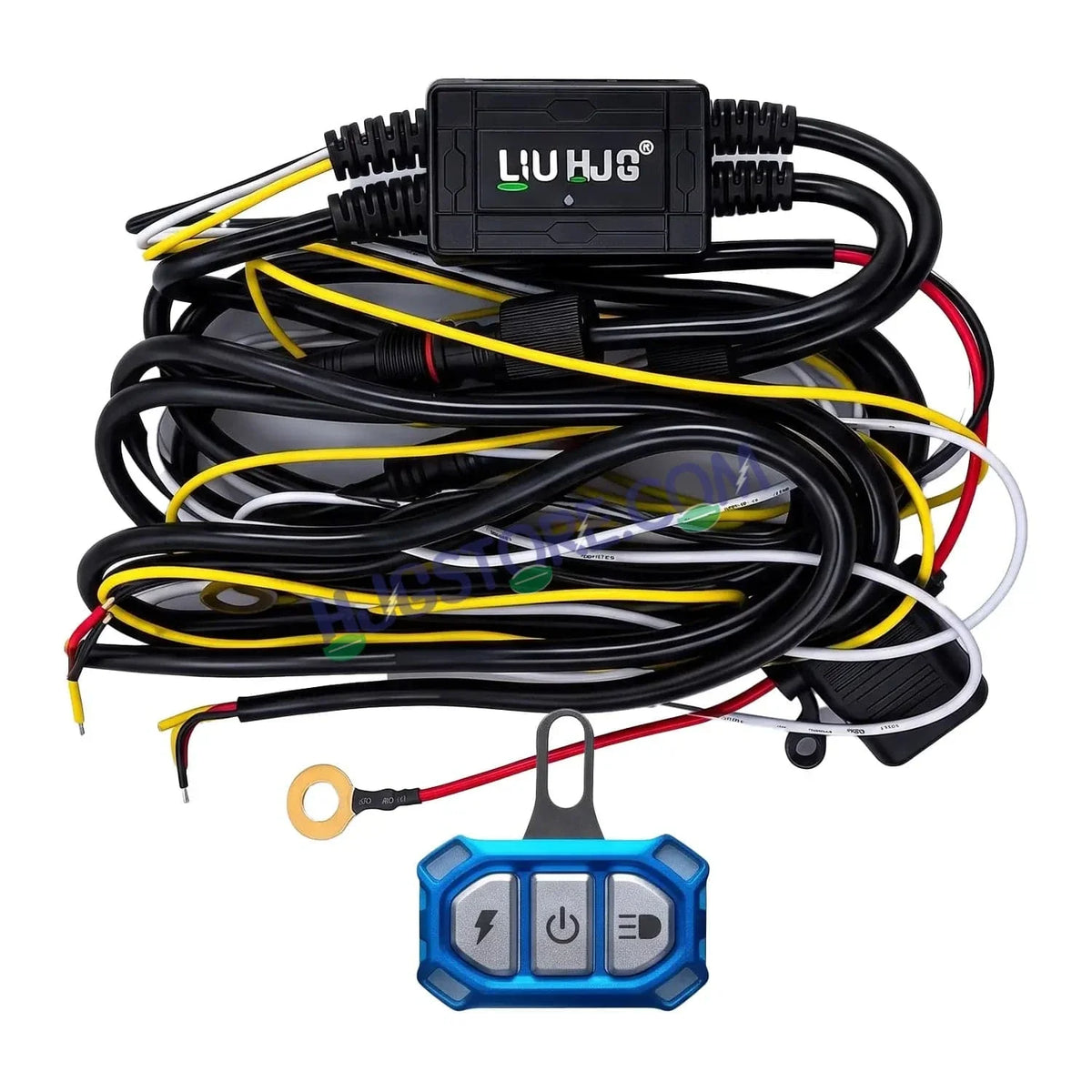 HJG Wireless Bluetooth Wiring Harness Kit for Auxiliary Fog Lights, Dual Color 3 Wire, High Power Relay, Integrated 3-Button Smart Remote Switch, Waterproof Plug & Play Control Cable for Motorcycles, Bikes, Cars, ATVs & SUVs - Biker.Store - www.biker.store
