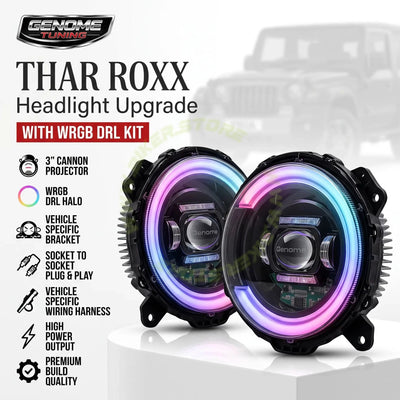 Genome Tuning Thar RGB 7-Inch 300W 36,000LM App Controlled LED Headlight Assembly for Mahindra Thar Roxx | App-Controlled Bluetooth WRGB DRL Halo, 3" Cannon Projector, Plug & Play | 24-Month Warranty