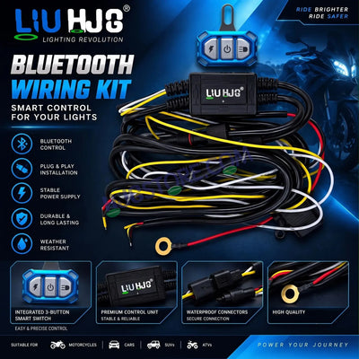 HJG Wireless Bluetooth Wiring Harness Kit for Auxiliary Fog Lights, Dual Color 3 Wire, High Power Relay, Integrated 3-Button Smart Remote Switch, Waterproof Plug & Play Control Cable for Motorcycles, Bikes, Cars, ATVs & SUVs - Biker.Store - www.biker.store