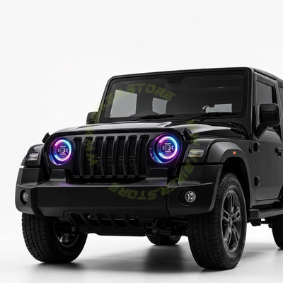 Genome Tuning Thar RGB 7-Inch 300W 36,000LM App Controlled LED Headlight Assembly for Mahindra Thar Roxx | App-Controlled Bluetooth WRGB DRL Halo, 3" Cannon Projector, Plug & Play | 24-Month Warranty