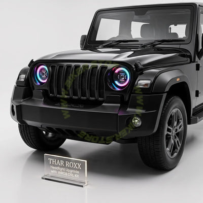 Genome Tuning Thar RGB 7-Inch 300W 36,000LM App Controlled LED Headlight Assembly for Mahindra Thar Roxx | App-Controlled Bluetooth WRGB DRL Halo, 3" Cannon Projector, Plug & Play | 24-Month Warranty