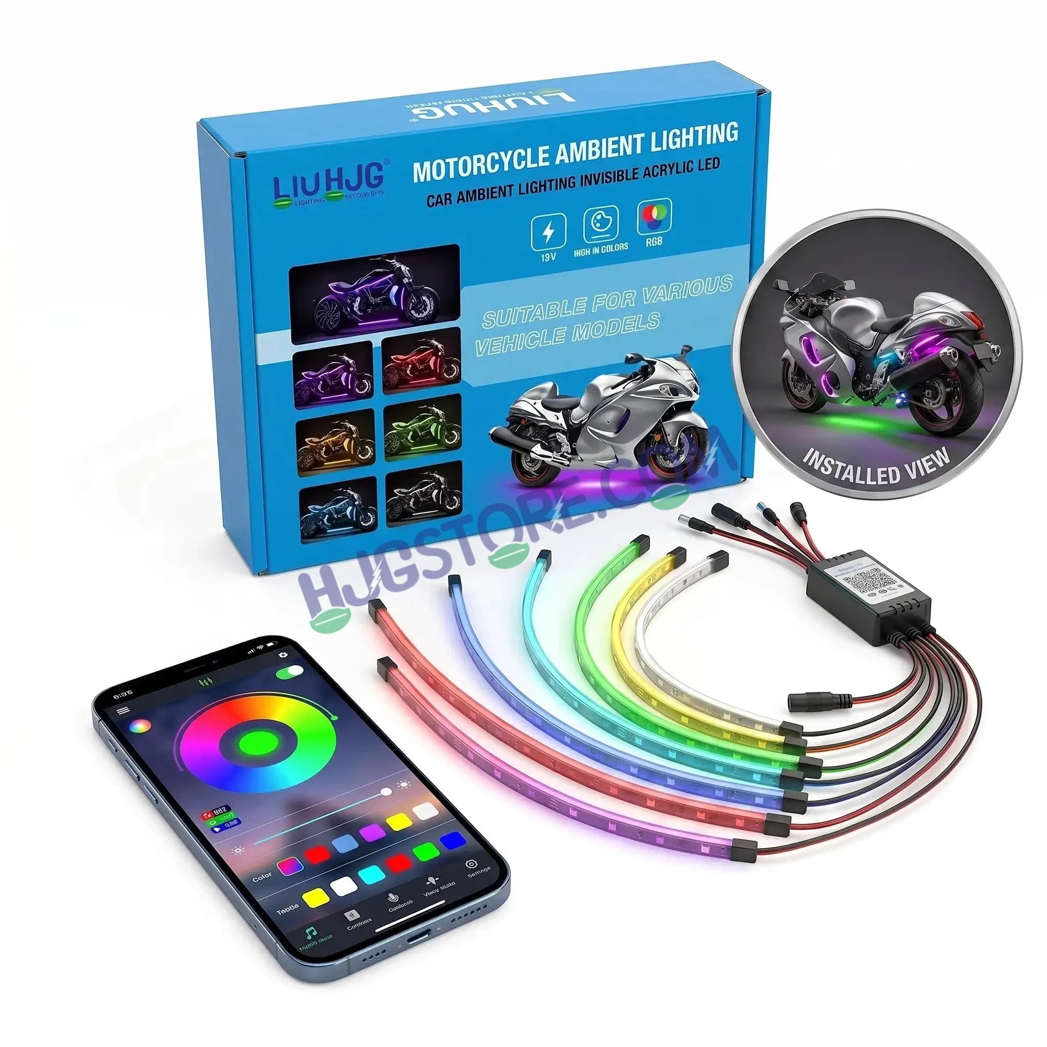 HJG 6Pcs Motorcycle Ambient Lighting Kit, Smart Mobile App Controlled RGB LED Underglow Strips (12V) | Waterproof & All Weather Proof | Flexible, Bendable & Can Be Cut Anywhere for Custom Fit | Multi-Color Accent Glow for All Bikes LIU HJG Ambient Light - Biker.Store - www.biker.store