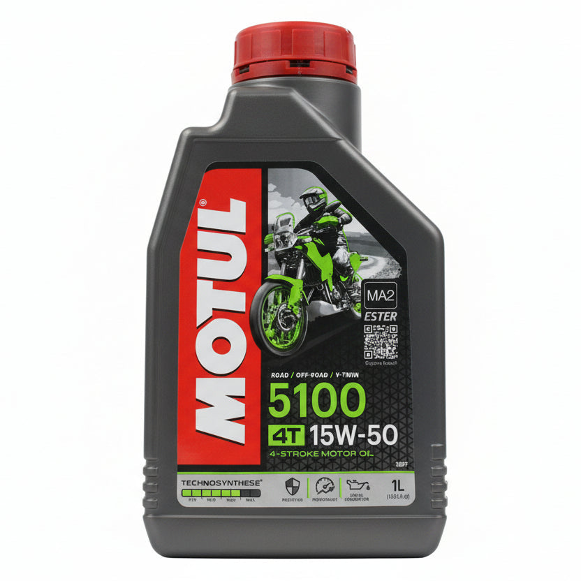 Motul 5100 4T motor oil bottle on a reflective surface