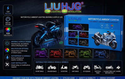 HJG 6Pcs Motorcycle Ambient Lighting Kit, Smart Mobile App Controlled RGB LED Underglow Strips (12V) | Waterproof & All Weather Proof | Flexible, Bendable & Can Be Cut Anywhere for Custom Fit | Multi-Color Accent Glow for All Bikes LIU HJG Ambient Light - Biker.Store - www.biker.store