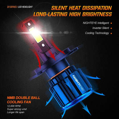 Original Nighteye A315 S4 NEW MODEL 2024 H4 LED Headlight Bulb H4 (Set of 2) For All Motorcycles (Low and High Beam Bulbs (White) 13000 LM 3 Side Chip) - Type H4 - Biker.Store - www.biker.store