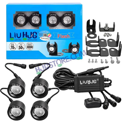 HJG 4 Pcs Motorcycle LED Strobe Light Kit with Remote Control, Wiring Harness, Relay Module & Switch - Red-Color Flashing Auxiliary Projector Lights - Universal Fit for Bikes, Cars, SUVs, Cruisers & Custom Builds - Biker.Store - www.biker.store